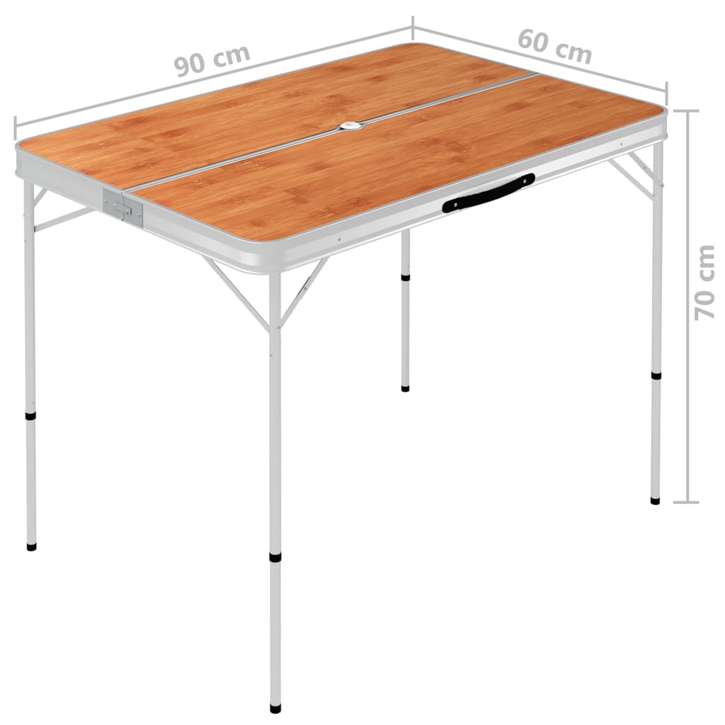 Detail van de vidaXL campingtafel met bruin MDF tafelblad en aluminium frame, zijaanzicht.