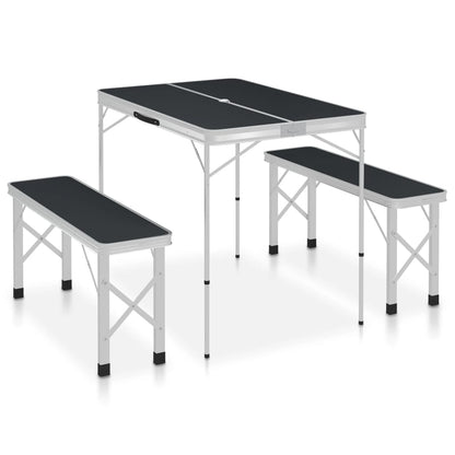 Inklapbare vidaXL campingtafel met twee banken in grijs, lichtgewicht en compact ontwerp.