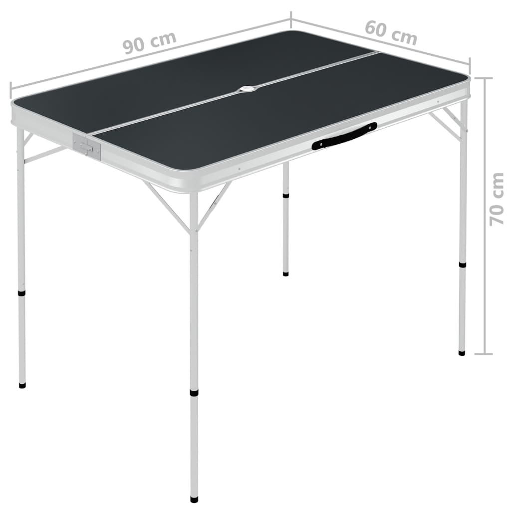 Detail van de vidaXL campingtafel met afmetingen en een grijs MDF blad.