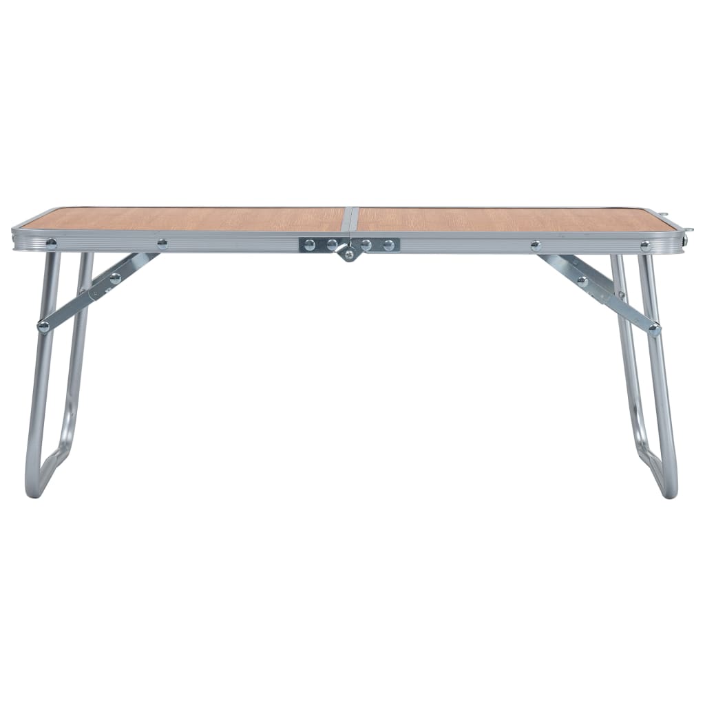 Zijaanzicht van de vidaXL inklapbare campingtafel met bruin tafelblad en aluminium frame.