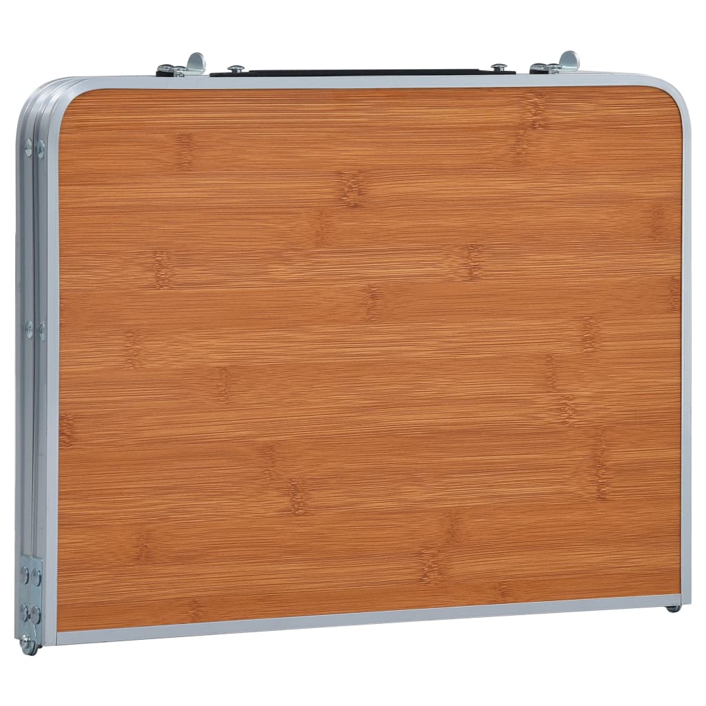 Inklapbare vidaXL campingtafel met bruin houten effect aan de bovenkant, zijaanzicht.