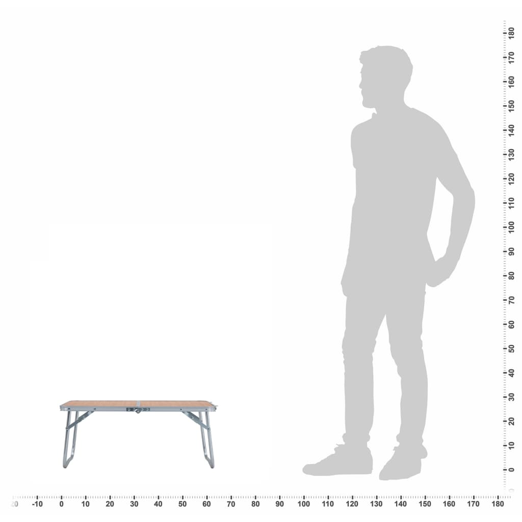 Detail van de vidaXL campingtafel in bruin, met silhouet van een staande persoon voor schaal.
