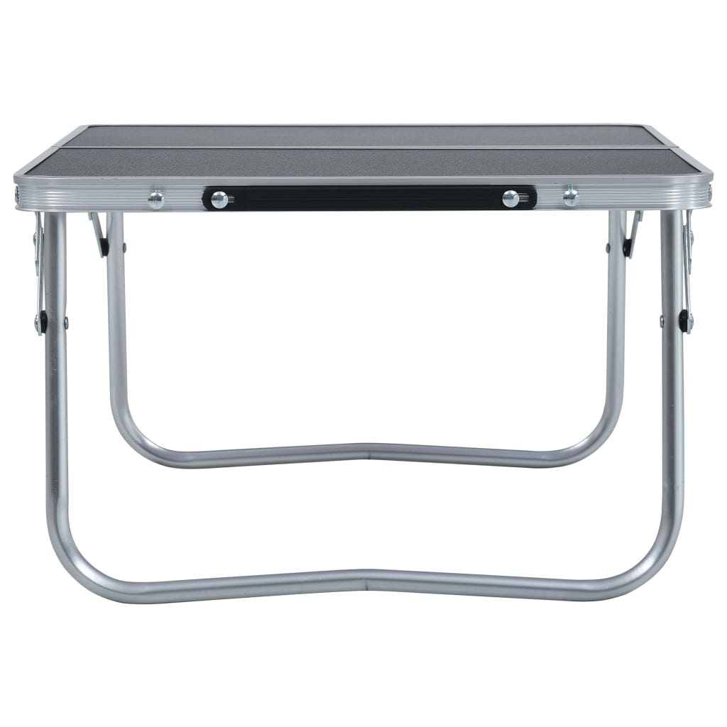 Zijaanzicht van de vidaXL campingtafel met grijs MDF blad en aluminium frame.