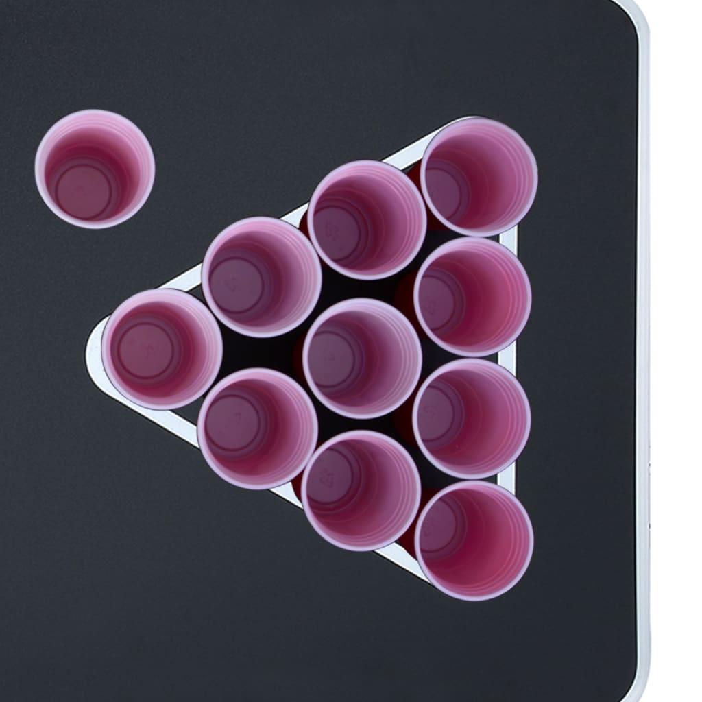 Detail van de vidaXL bierpongtafelset met roze bekers in een driehoekige opstelling.
