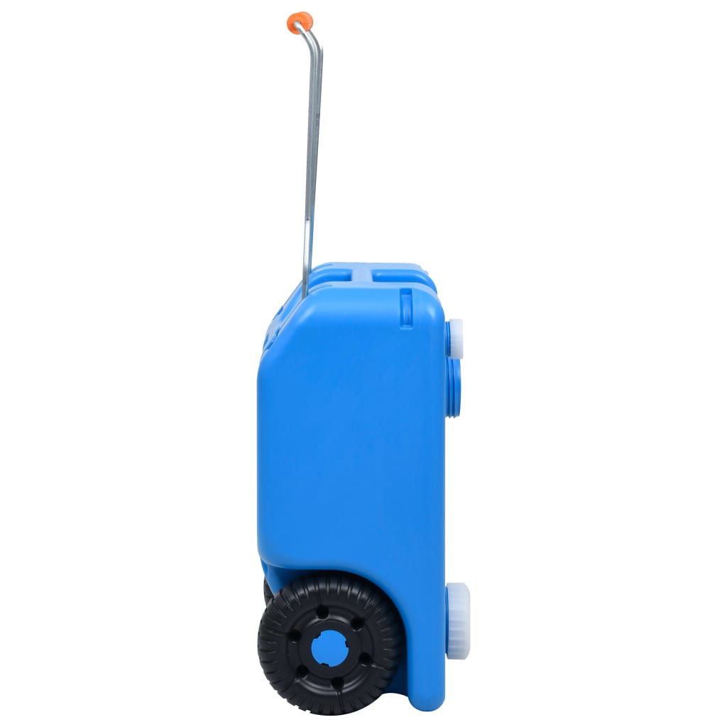 Zijaanzicht van de blauwe vidaXL watertank op wielen met handvat.
