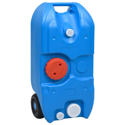 Blauwe vidaXL watertank van 40 liter met wielen en verschillende wateruitlaten.