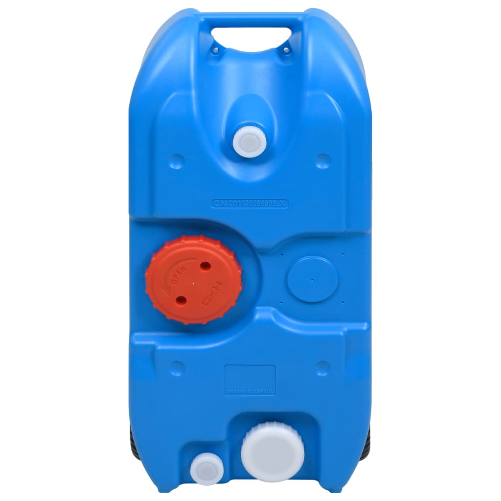 Detail van de blauwe vidaXL watertank van 40 liter met verschillende wateruitlaten.