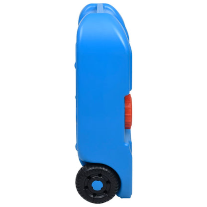Zijaanzicht van de blauwe vidaXL watertank van 40 liter met wielen.