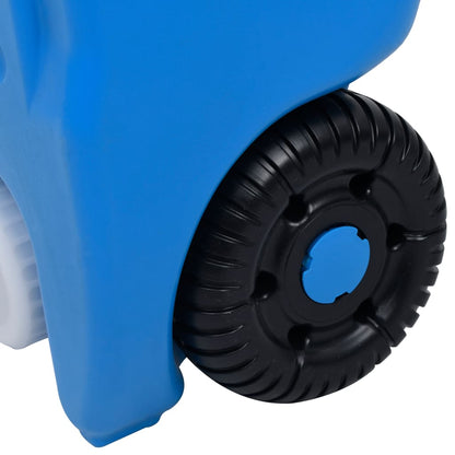 Detail van de blauwe vidaXL watertank op wielen met zwart rubberen wiel.