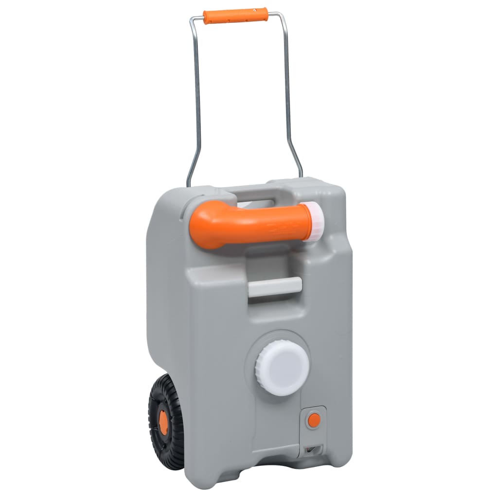 Detail van de vidaXL 25 L watertank op wielen met oranje handvat en wielen.