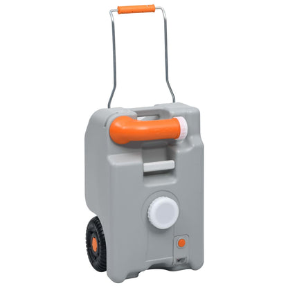 Detail van de vidaXL 25 L watertank op wielen met oranje handvat en wielen.