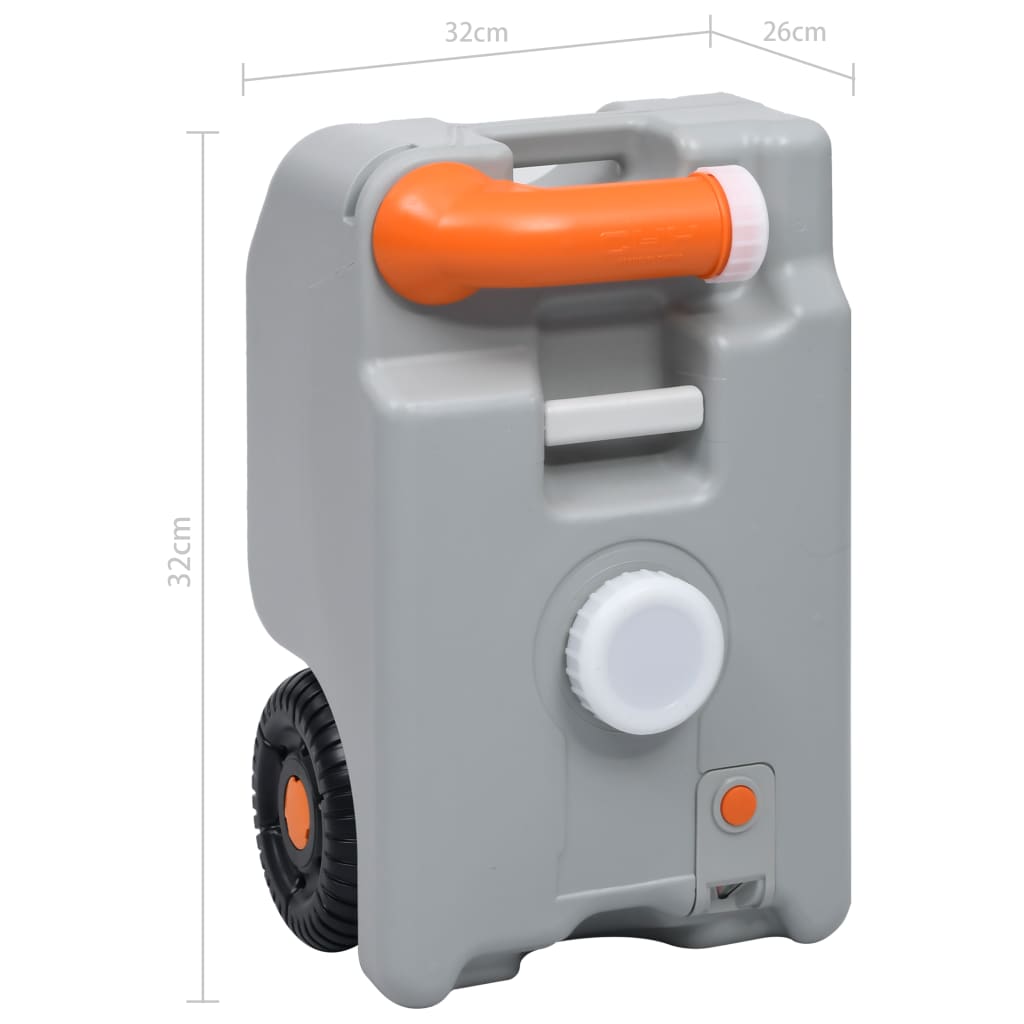 Detail van de vidaXL 25 L watertank op wielen, grijs met oranje handvat en wielen.