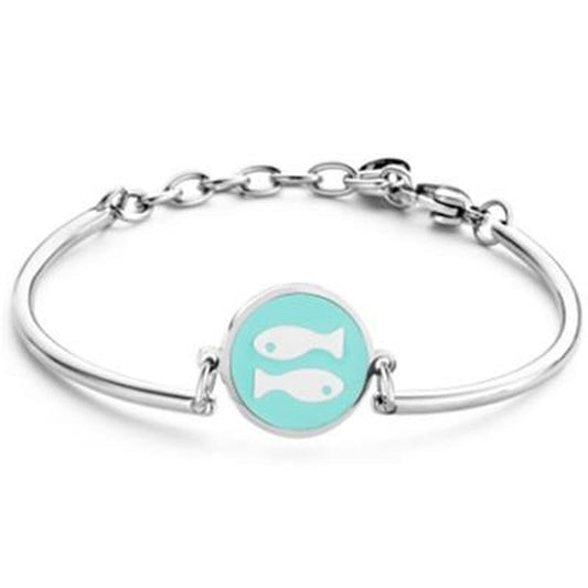 Zilverkleurige CO88 Collection armband met turquoise schijf en vismotief.