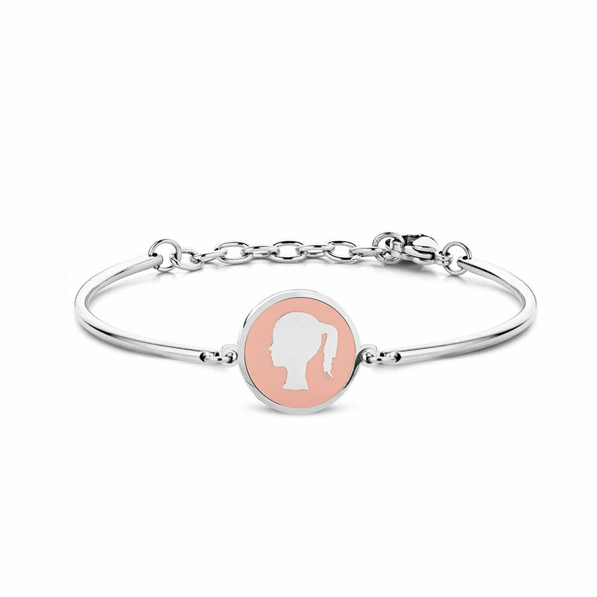 Zilverkleurige CO88 Collection armband met een ronde schijf en silhouet in het midden.