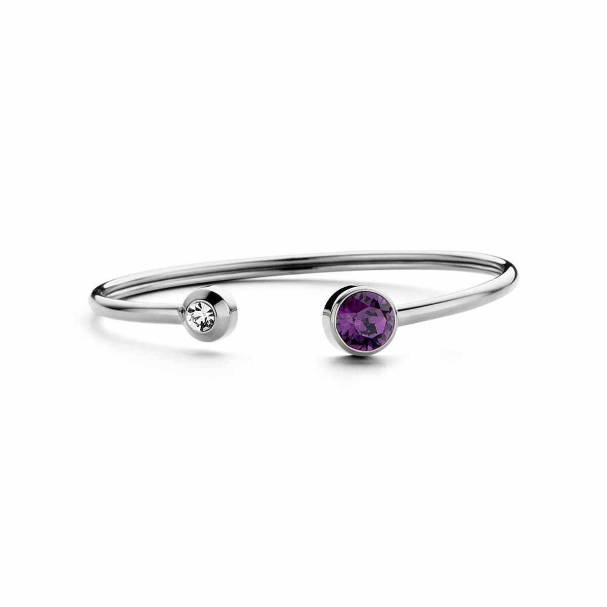 Zilverkleurige CO88 Collection armband met paarse en heldere stenen, elegant design.