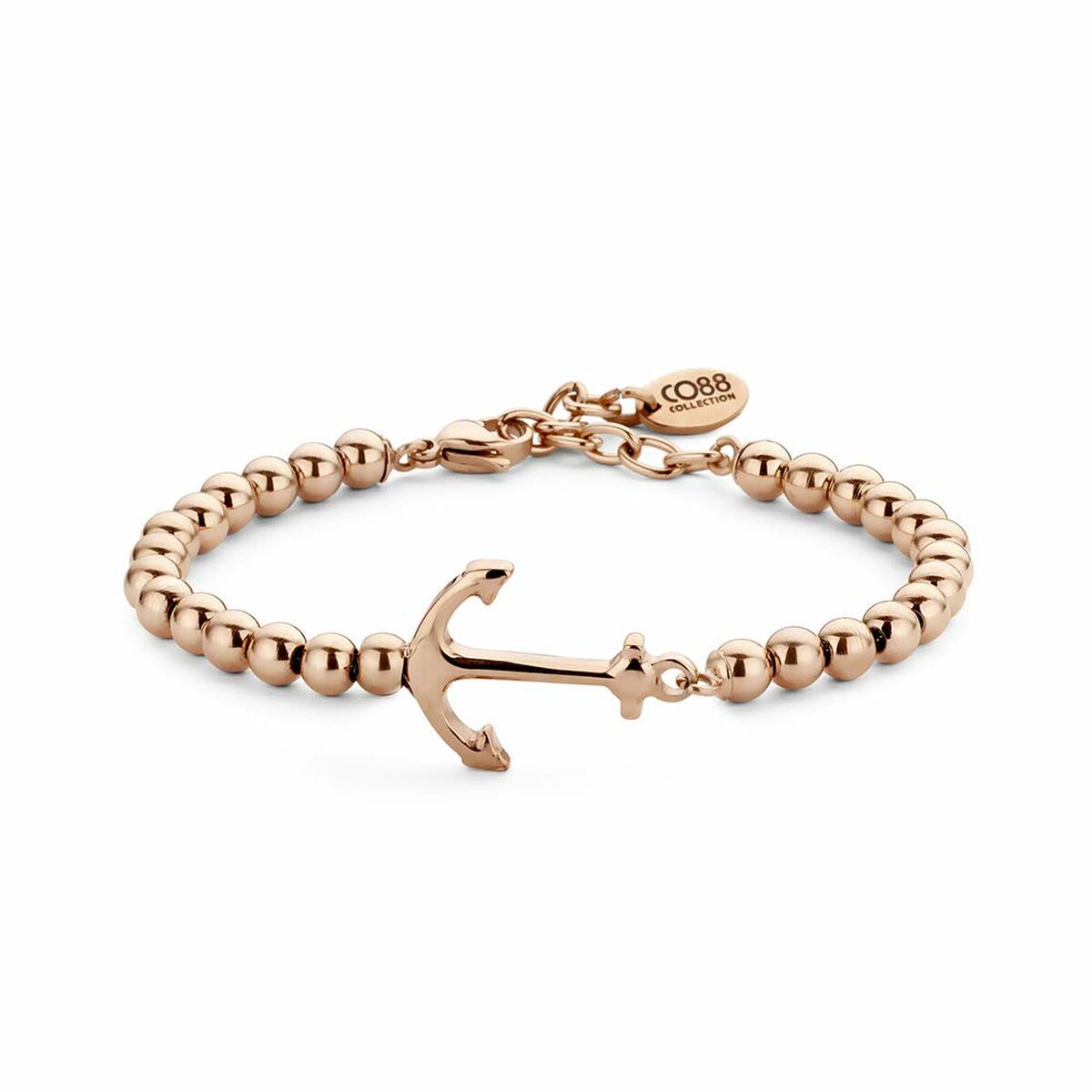 Detail van de CO88 Collection armband in roze goud met een elegante ankerhanger.