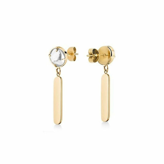 Goudkleurige Rosefield oorbellen met een elegante hangende staaf en ronde schijf.