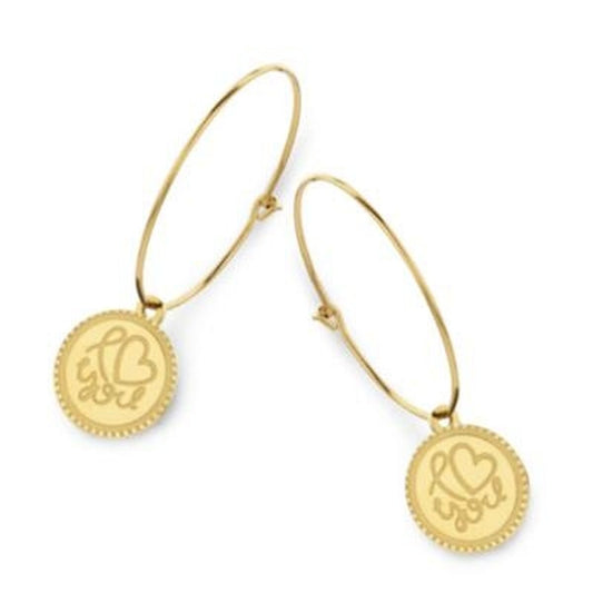 Gouden CO88 Collection oorbellen met elegante ronde hangers en gravure.