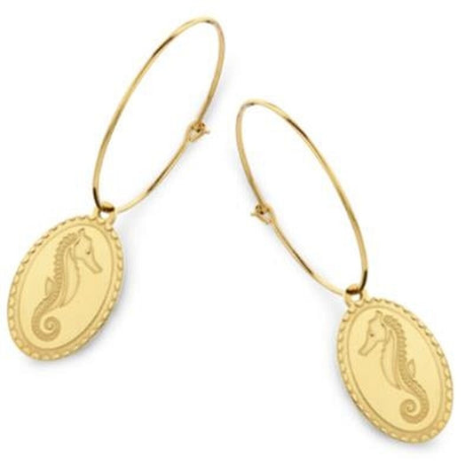 Gouden CO88 Collection oorbellen met elegant zeepaardje, perfect voor elke gelegenheid.