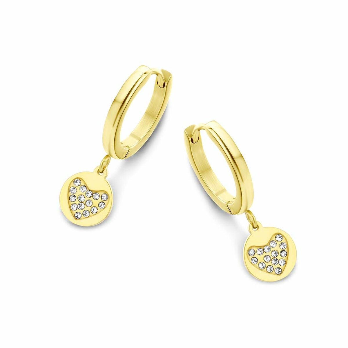 Detail van de gouden CO88 Collection oorbellen met sprankelende stenen en elegante hangers.