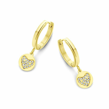 Detail van de gouden CO88 Collection oorbellen met sprankelende stenen en elegante hangers.