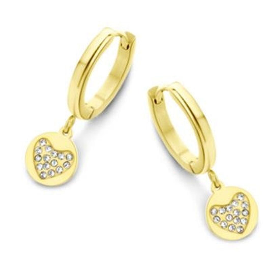 Gouden CO88 Collection oorbellen met hartvormige hangers en sprankelende stenen.