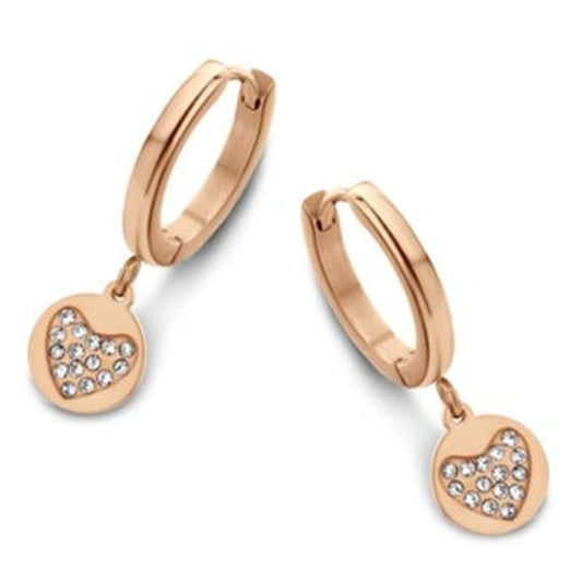 Elegante roségouden oorbellen van CO88 Collection met hartvormige hangers en strass.