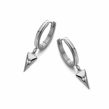 Zilverkleurige CO88 Collection oorbellen met elegante driehoekige hangers en strass steentjes.