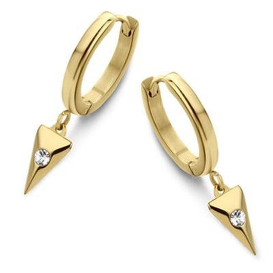Gouden CO88 Collection oorbellen met elegante spitse hanger en sprankelende steen.