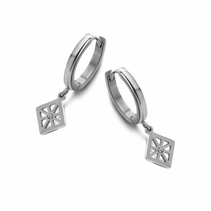 Zilverkleurige CO88 Collection oorbellen met een elegant vierkant detail en een glinsterende steen.