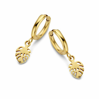 Gouden CO88 Collection oorbellen met hangende monstera-bladjes in elegant design.