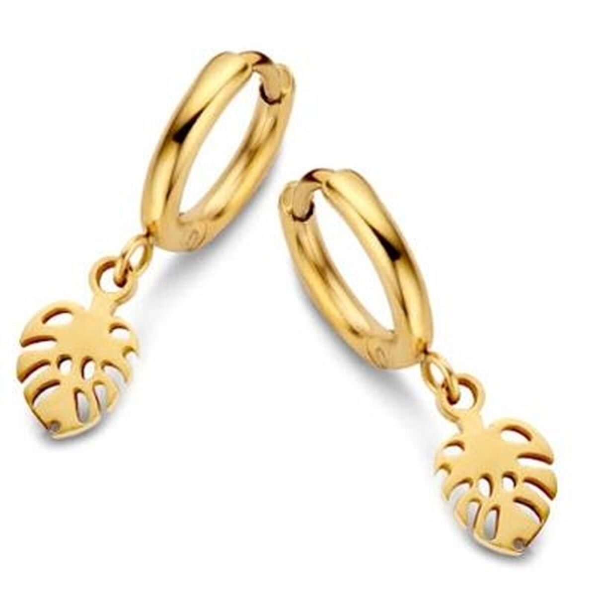 Gouden CO88 Collection oorbellen met elegant design en hangende monstera-bladjes.