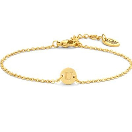 Gouden CO88 Collection armband met elegante schakel en ronde bedel met letter.