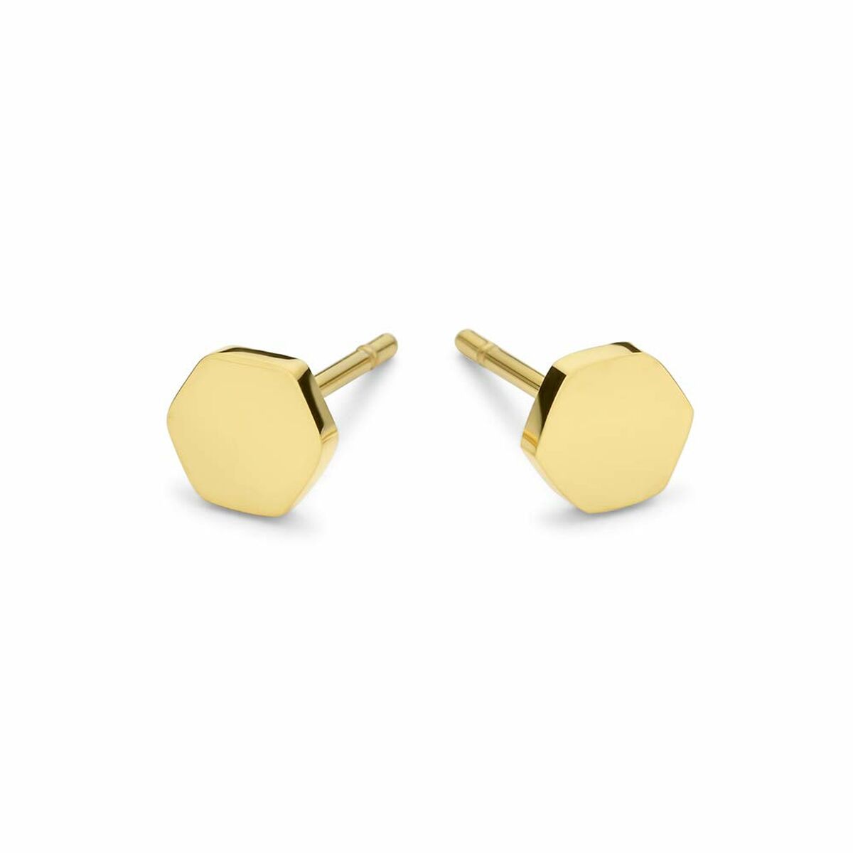 Zijaanzicht van de gouden hexagonale oorbellen van CO88 Collection, elegant en tijdloos.
