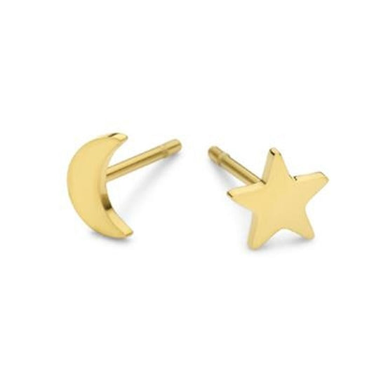 Gouden oorbellen van CO88 Collection met maan- en stervormige designs.