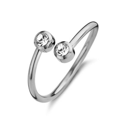 Zilverkleurige CO88 Collection ring met twee heldere stenen, elegant ontwerp.