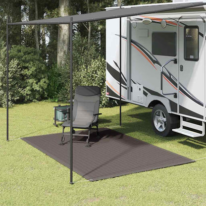 Antracietkleurig vidaXL tenttapijt van 200x300 cm onder een caravanluifel met een stoel erop.