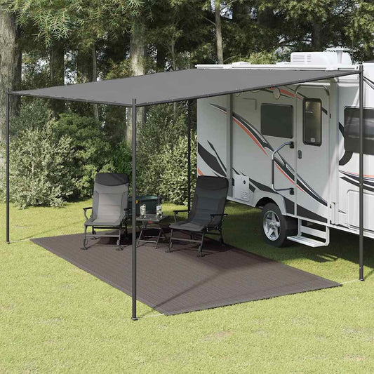 Tenttapijt vidaXL 200x400 cm antraciet onder een caravanluifel met stoelen.