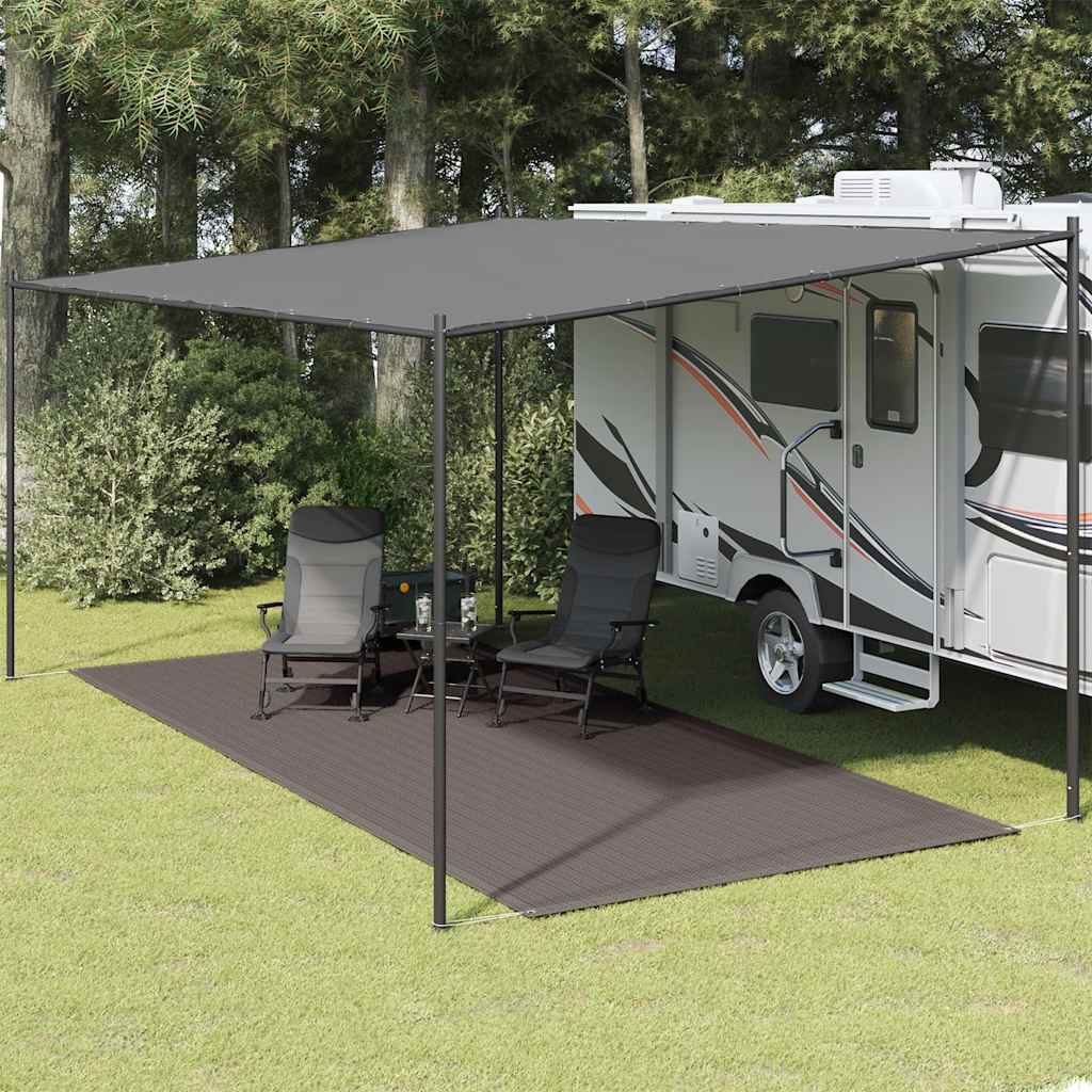 Antraciet vidaXL tenttapijt van 250x550 cm onder een caravanluifel in een groene omgeving.