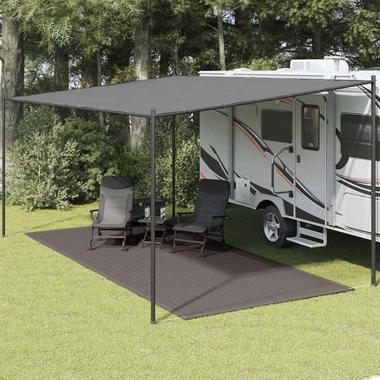 Antraciet vidaXL tenttapijt van 250x550 cm onder een caravanluifel in een groene omgeving.