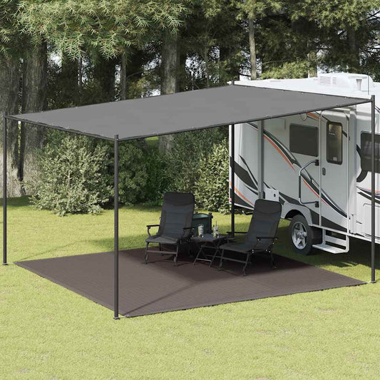 Antracietkleurig vidaXL tenttapijt van 400x400 cm onder een caravanluifel in de tuin.
