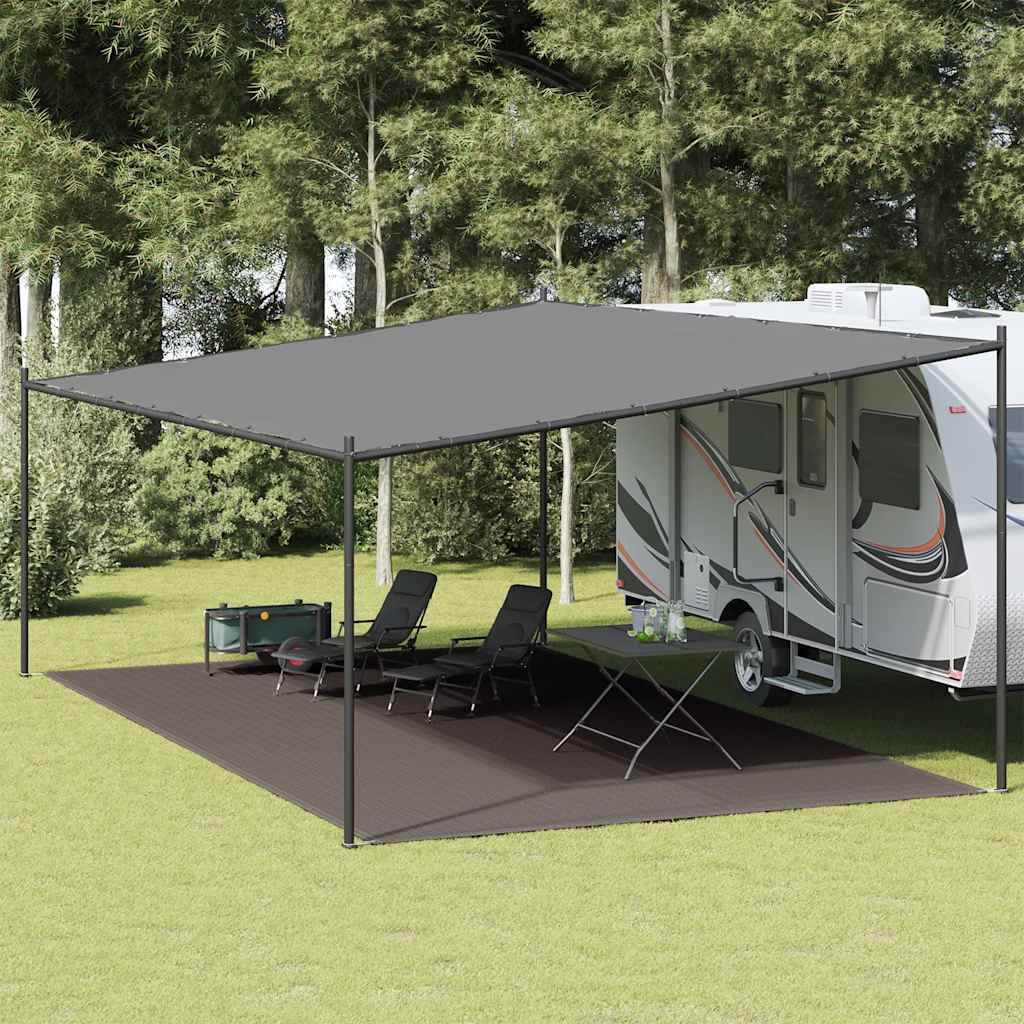 Tenttapijt vidaXL 400x600 cm antraciet onder een caravanluifel met meubels.