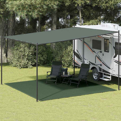 Tenttapijt vidaXL 400x400 cm donkergroen onder een caravanluifel met stoelen.