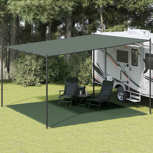 Tenttapijt vidaXL 400x400 cm donkergroen onder een caravanluifel met stoelen.
