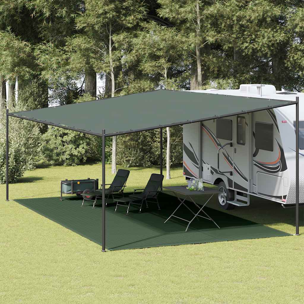 Donkergroen vidaXL tenttapijt 400x600 cm onder een caravanluifel in de tuin.