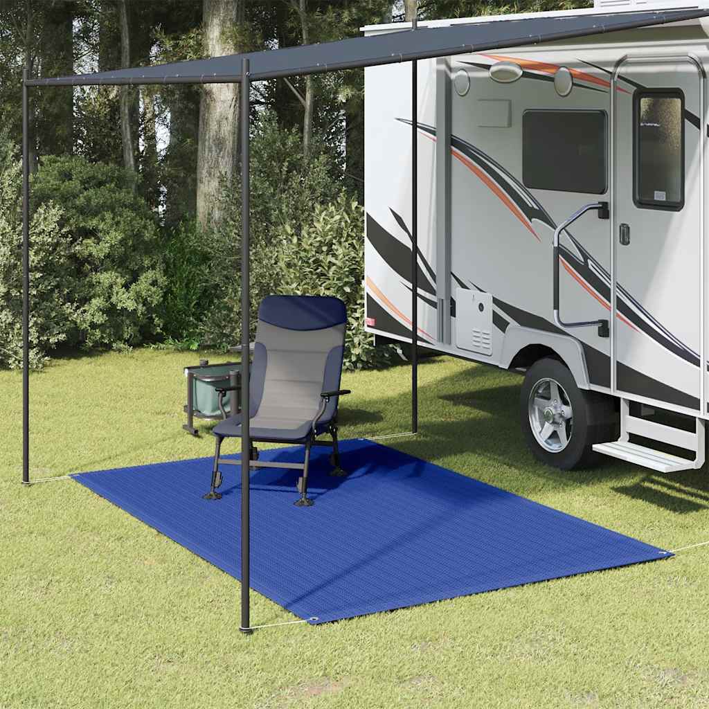 Blauw vidaXL tenttapijt 200x300 cm, geplaatst onder een caravanluifel met een stoel erop.