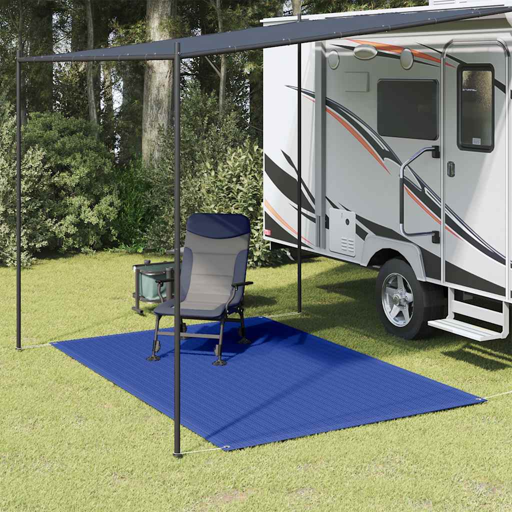 Blauw vidaXL tenttapijt van 250x200 cm, geplaatst onder een caravanluifel met een stoel erop.