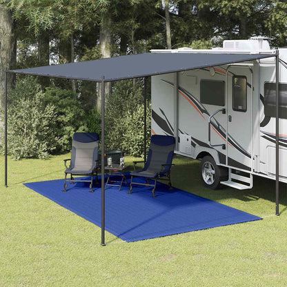 Blauw vidaXL tenttapijt van 250x350 cm onder een caravanluifel met stoelen.