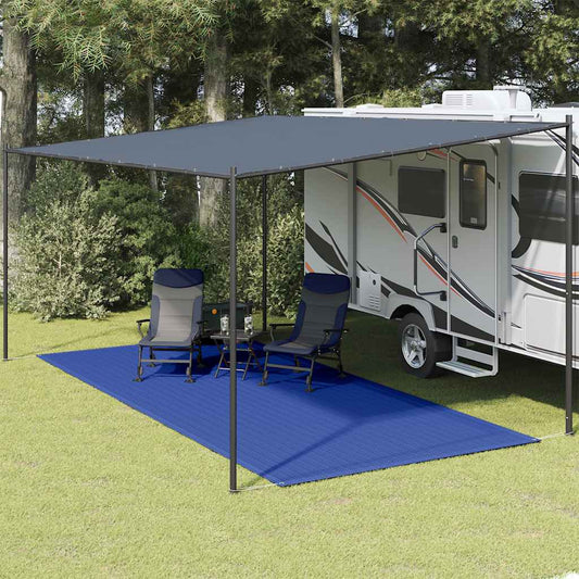 Blauw vidaXL tenttapijt van 250x600 cm onder een caravanluifel met stoelen.