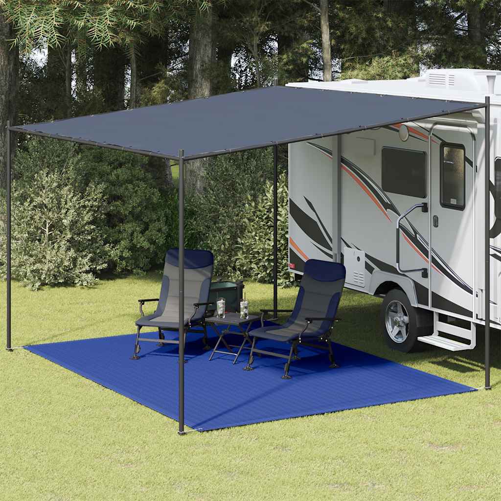 Blauw tenttapijt vidaXL 300x400 cm onder een caravanluifel met stoelen en tafel.